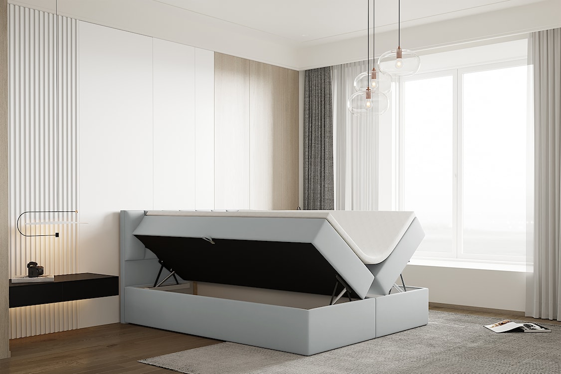 Łóżko kontynentalne 200x200 cm Carbini z pojemnikami  i materacem bonellowym jasnoszare welur hydrofobowy  - zdjęcie 4