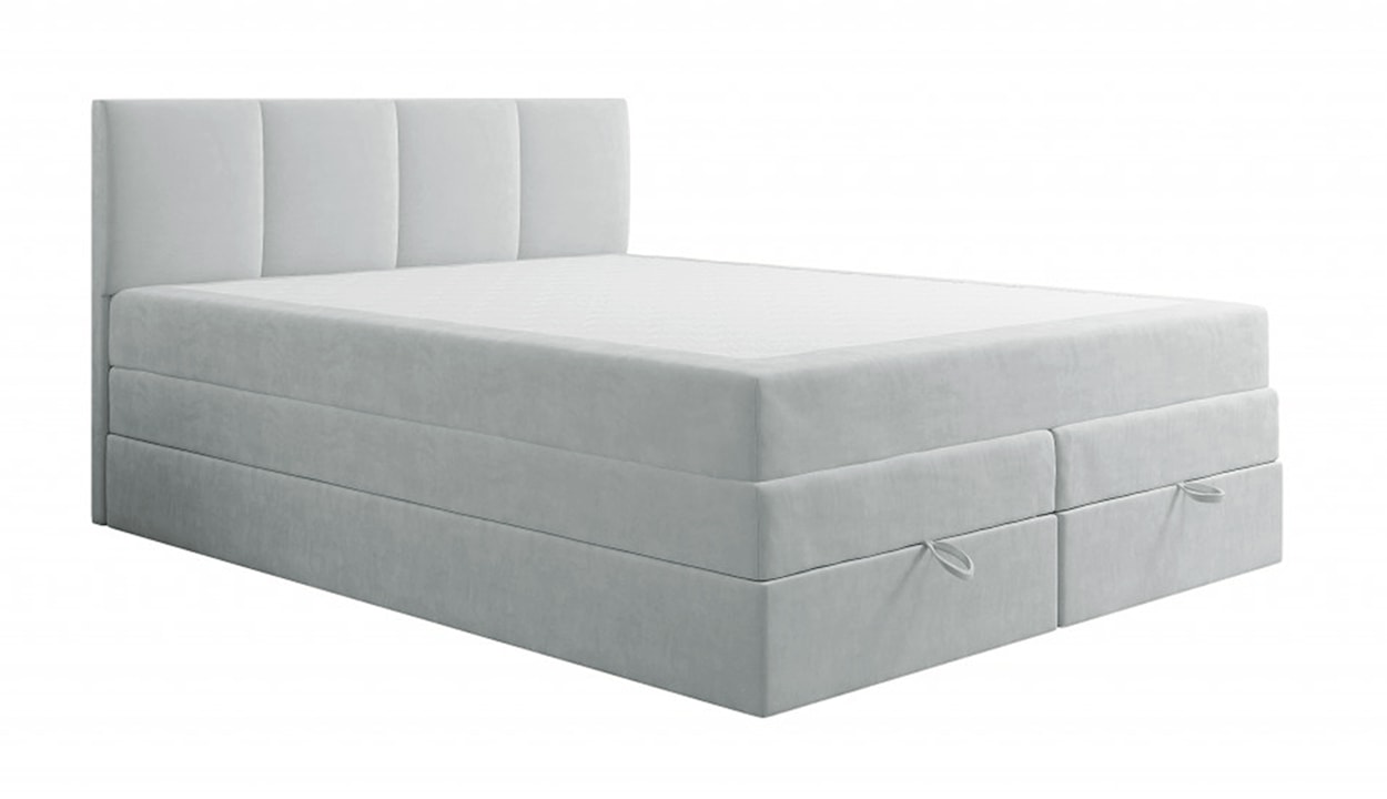 Łóżko kontynentalne 160x200 cm Feliceto z pojemnikami materacami bonellowymi i kieszeniowym jasnoszare welur hydrofobowy 