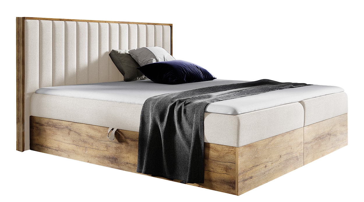 Łóżko kontynentalne Mirolla 200x200 z dwoma pojemnikami i materacem kremowe