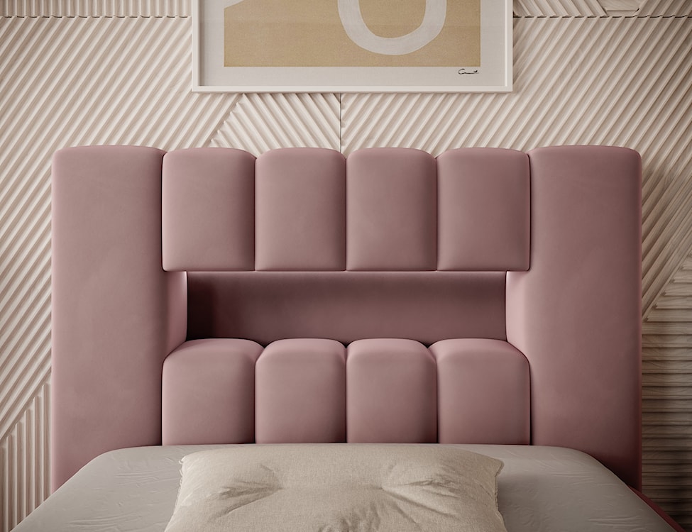 Łóżko tapicerowane 90x200 cm Rodeiro z pojemnikiem i oświetleniem różowe w tkaninie hydrofobowej  - zdjęcie 5