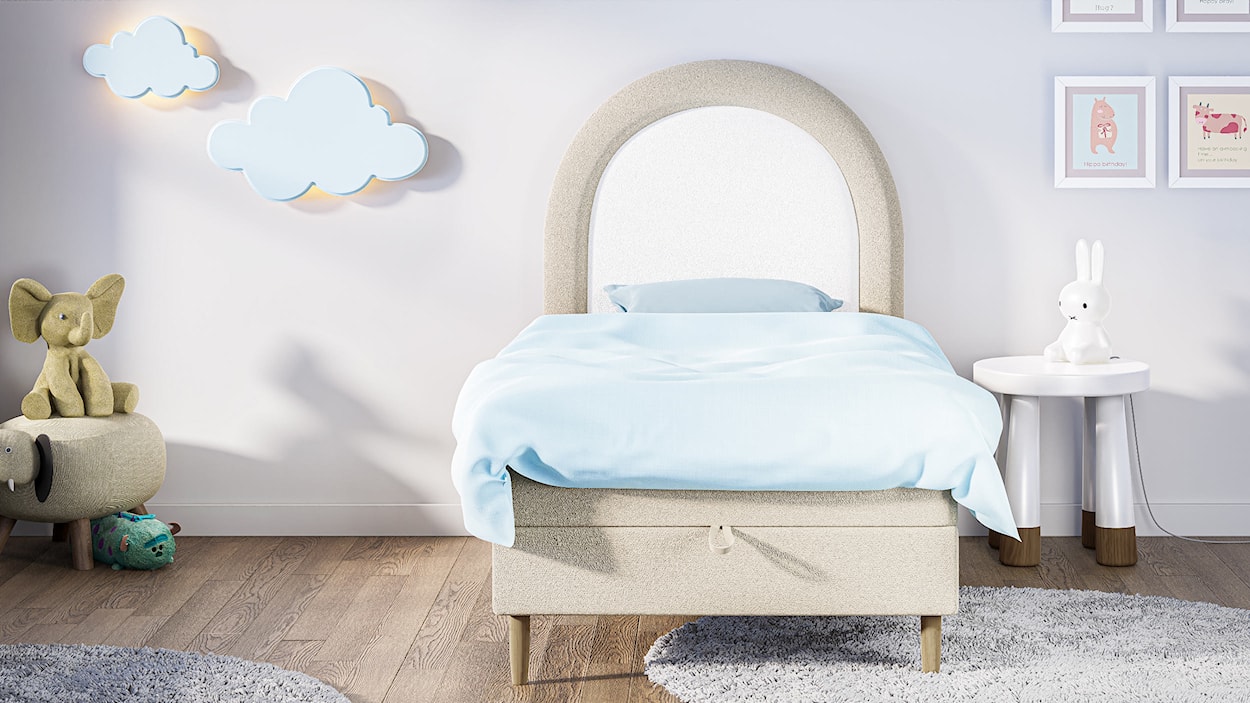 Łóżko kontynentalne dla dziecka 90x180 cm Asparetto z pojemnikiem beżowe w tkaninie boucle  - zdjęcie 4