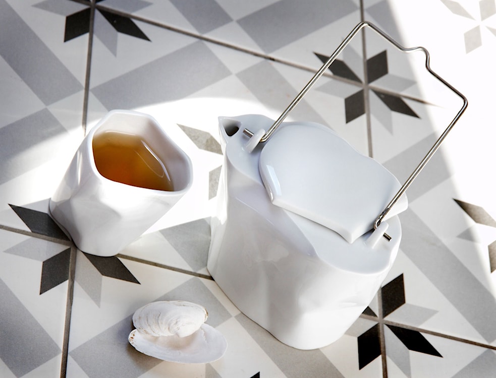 Zestaw do herbaty porcelanowy Pogięty biały  - zdjęcie 5