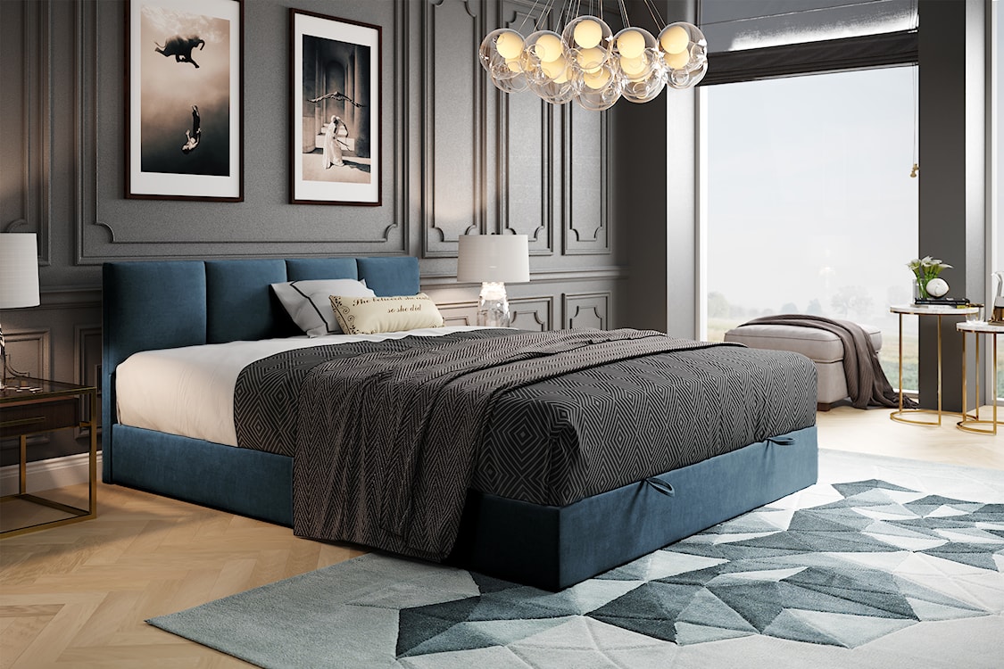 Łóżko kontynentalne 180x200 cm Rekand z pojemnikiem i topperem z materacem bonellowym niebieskie welur  - zdjęcie 2