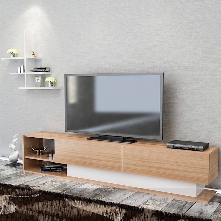Szafka RTV Valera biała z elementami teak z półką naścienną  - zdjęcie 2