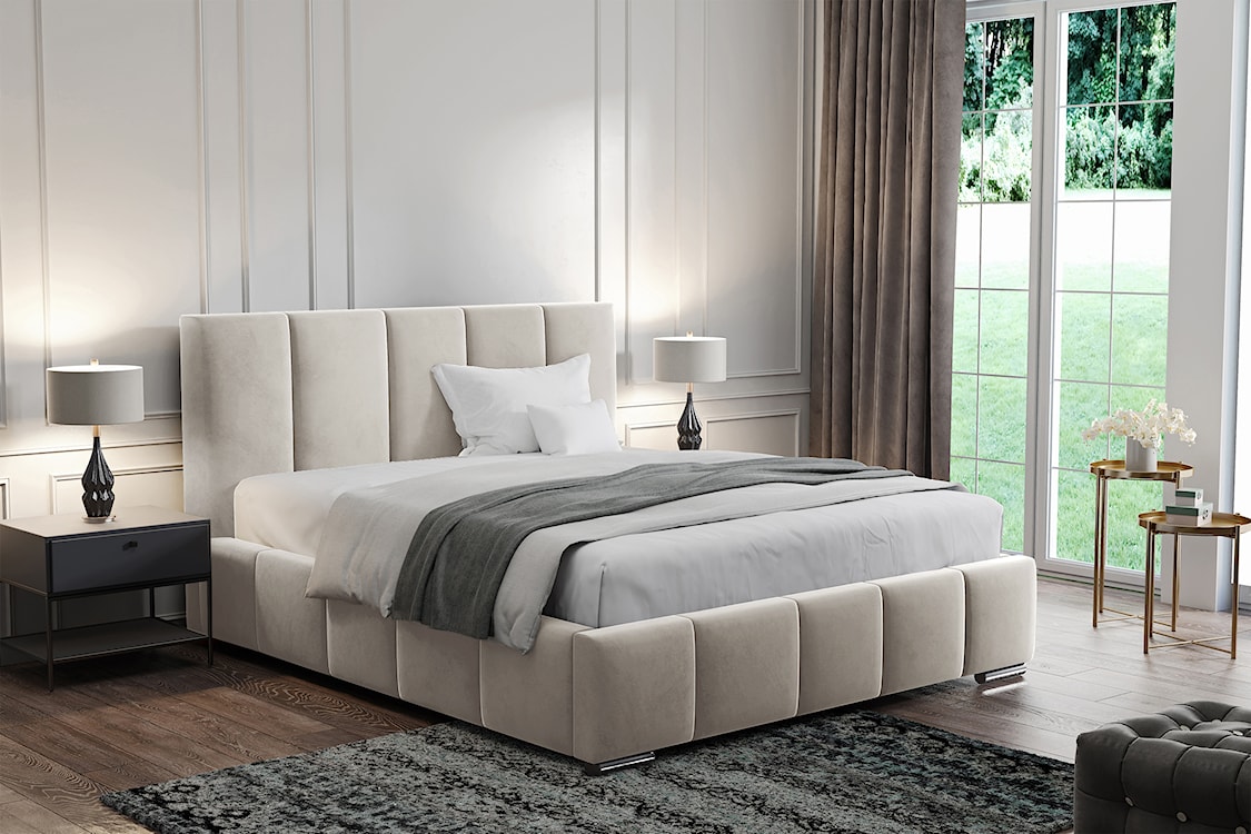 Łóżko tapicerowane 160x200 cm Bodera z pojemnikiem kremowe w tkaninie hydrofobowej  - zdjęcie 2