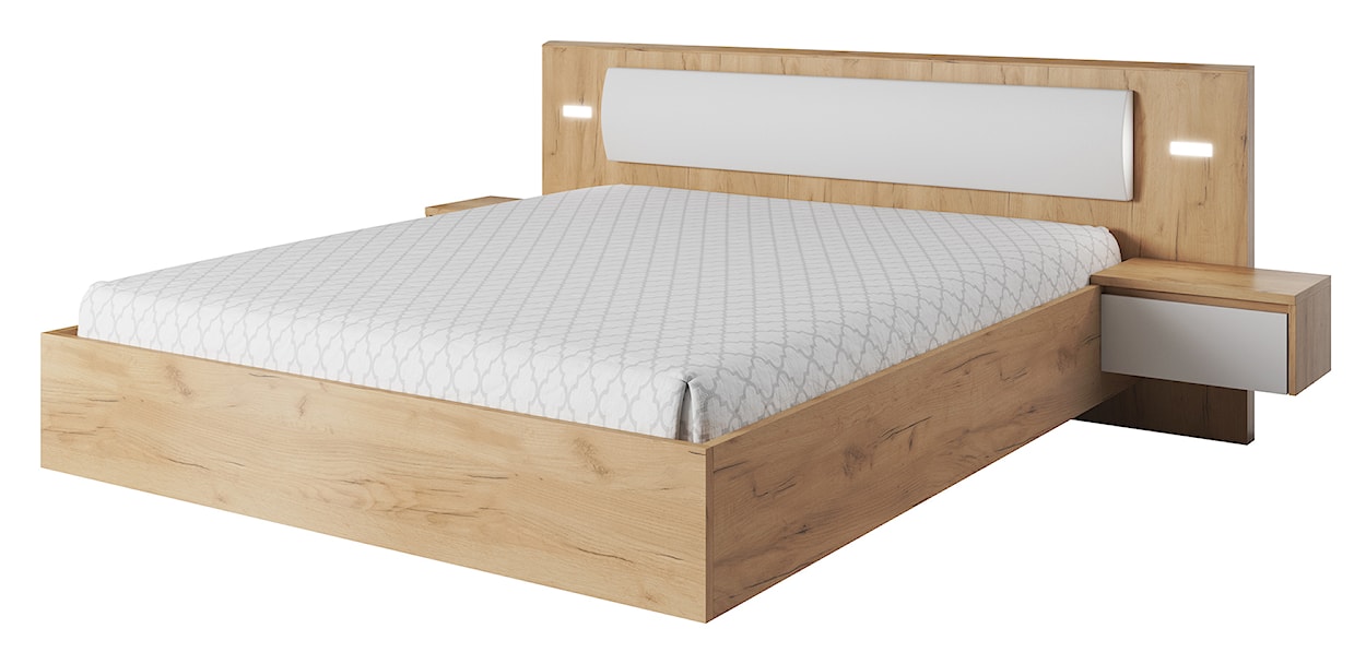 Łóżko ze stelażem Grejs 160x200 cm ze stolikami nocnymi i oświetleniem dąb craft złoty / białe
