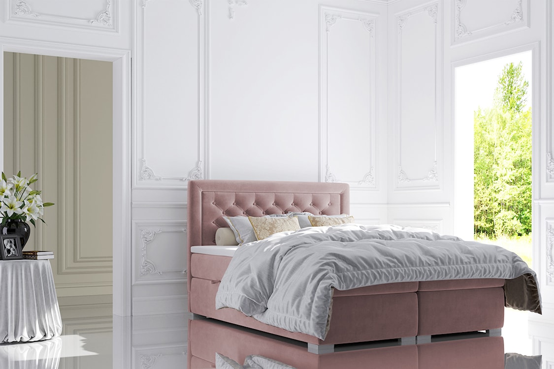 Łóżko kontynentalne 160x200 cm Glorn z pojemnikami i topperem różowe welur hydrofobowy  - zdjęcie 2