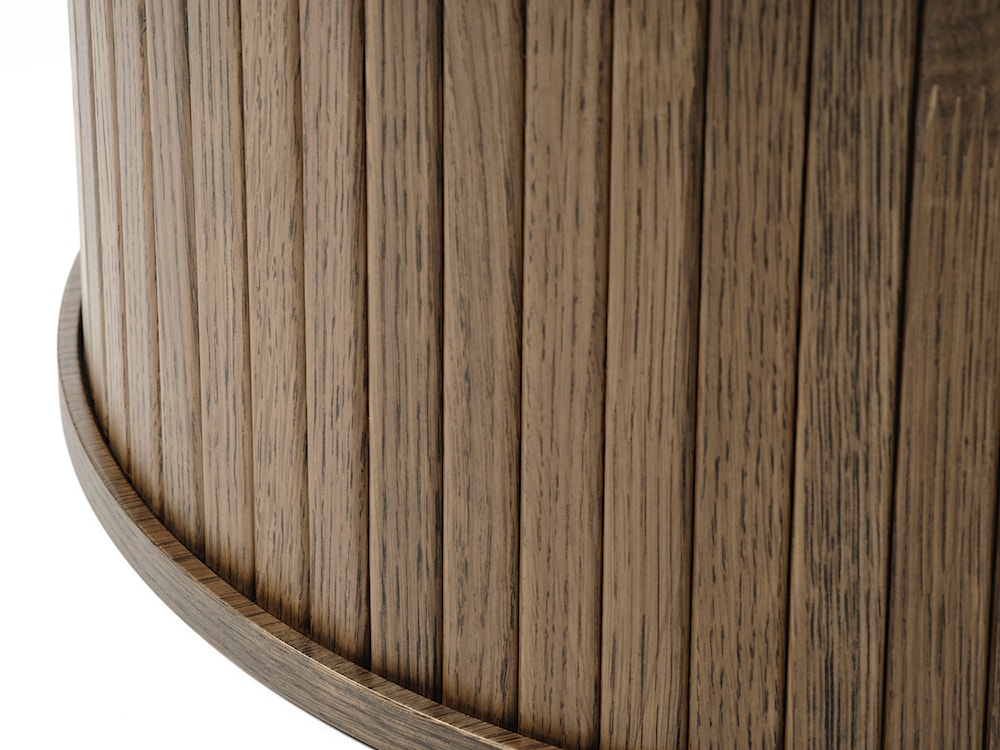 Okrągły stolik drewniany Gativel 90 cm z okrągłą podstawą lamele dąb palony  - zdjęcie 4