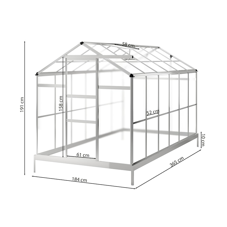 Szklarnia ogrodowa aluminiowa poliwęglanowa 6,72 m2 sześciosekcyjna z fundamentem 184x365 cm srebrna  - zdjęcie 5