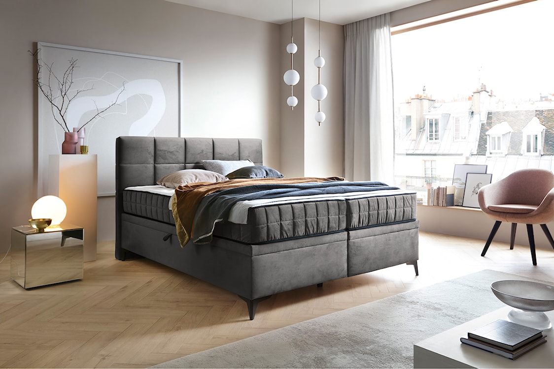 Łóżko kontynentalne 160x200 cm Beriano z pojemnikami i materacem popielate welur  - zdjęcie 2