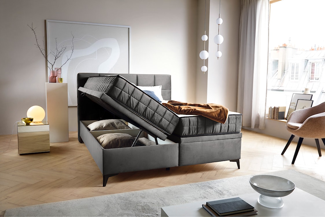 Łóżko kontynentalne 160x200 cm Beriano z pojemnikami i materacem popielate welur  - zdjęcie 4
