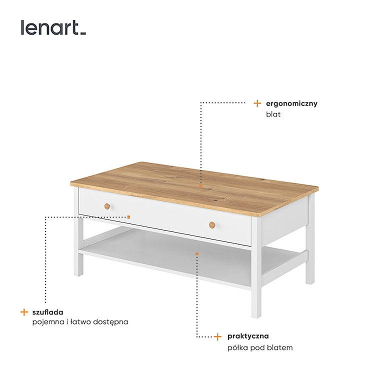 Stolik kawowy Story 110x60 cm z szufladą biały/dąb nash  - zdjęcie 3