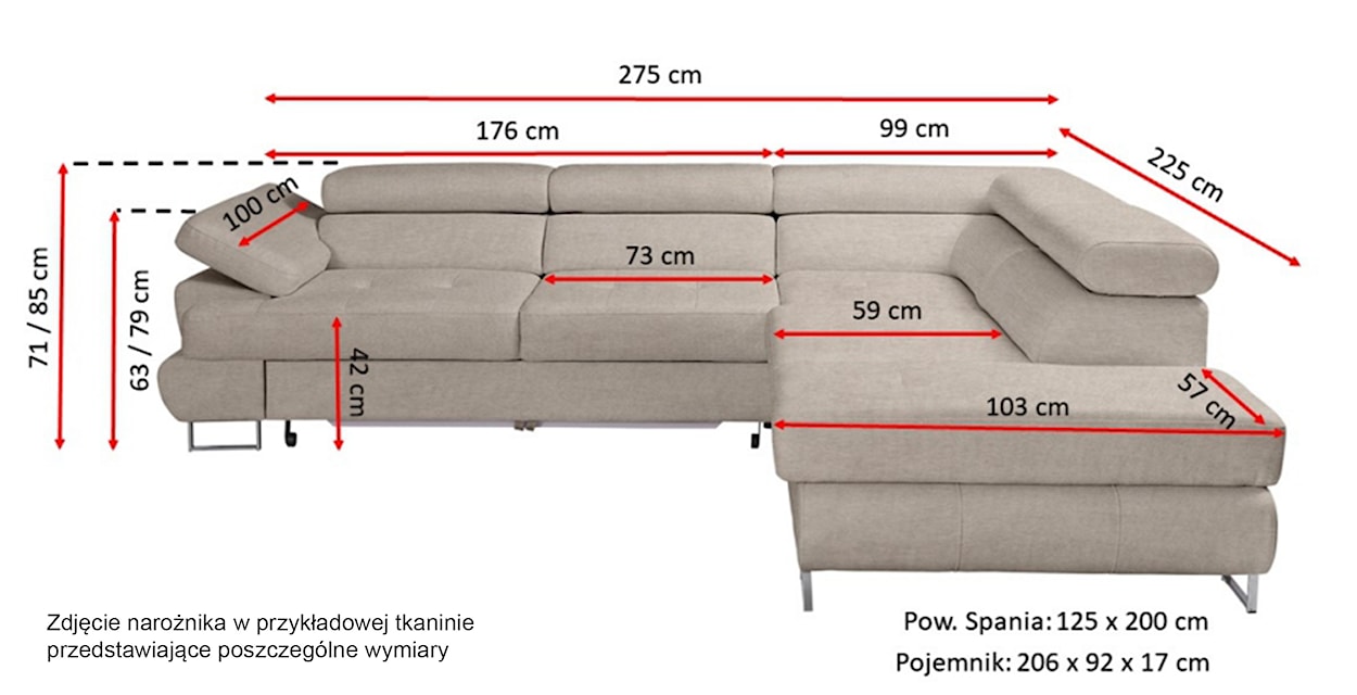 Narożnik z funkcją spania Zarano z pojemnikiem beżowy w tkaninie hydrofobowej welur lewostronny  - zdjęcie 4