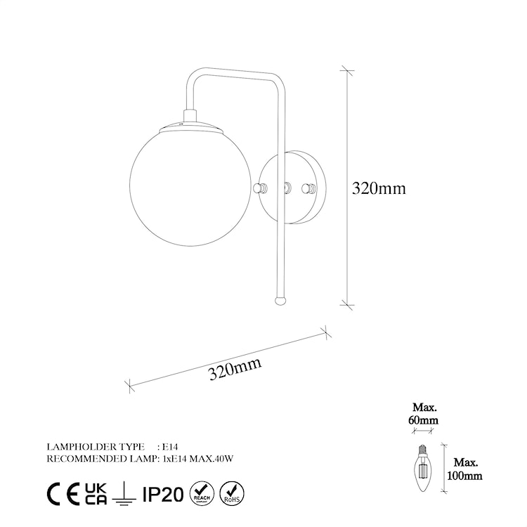 Lampa ścienna Inessites 32 cm czarna/ mleczny klosz  - zdjęcie 5