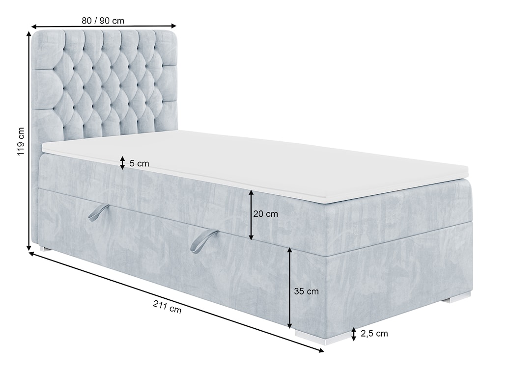 Łóżko kontynentalne 90x200 cm Persival z pojemnikiem i topperem błękitne welur prawostronne  - zdjęcie 3