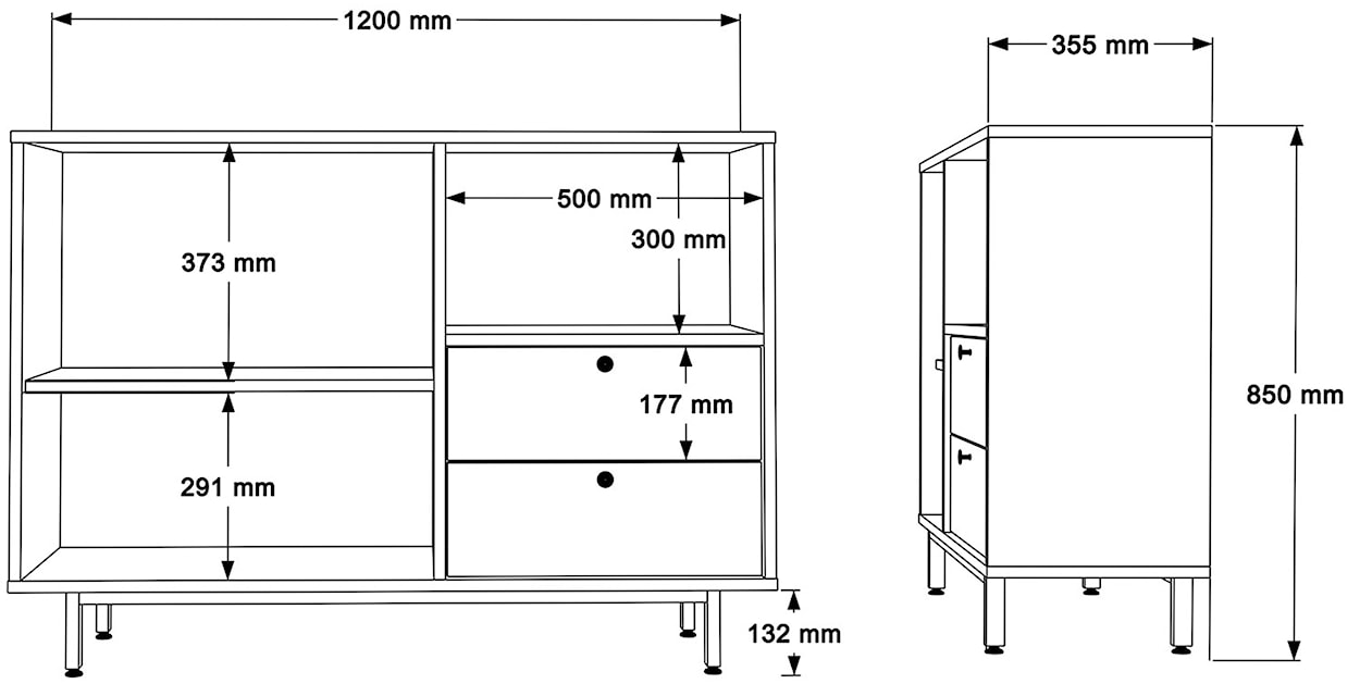 Komoda Solvages 120 cm z dwiema szufladami i półkami biała/ dąb naturalny  - zdjęcie 5