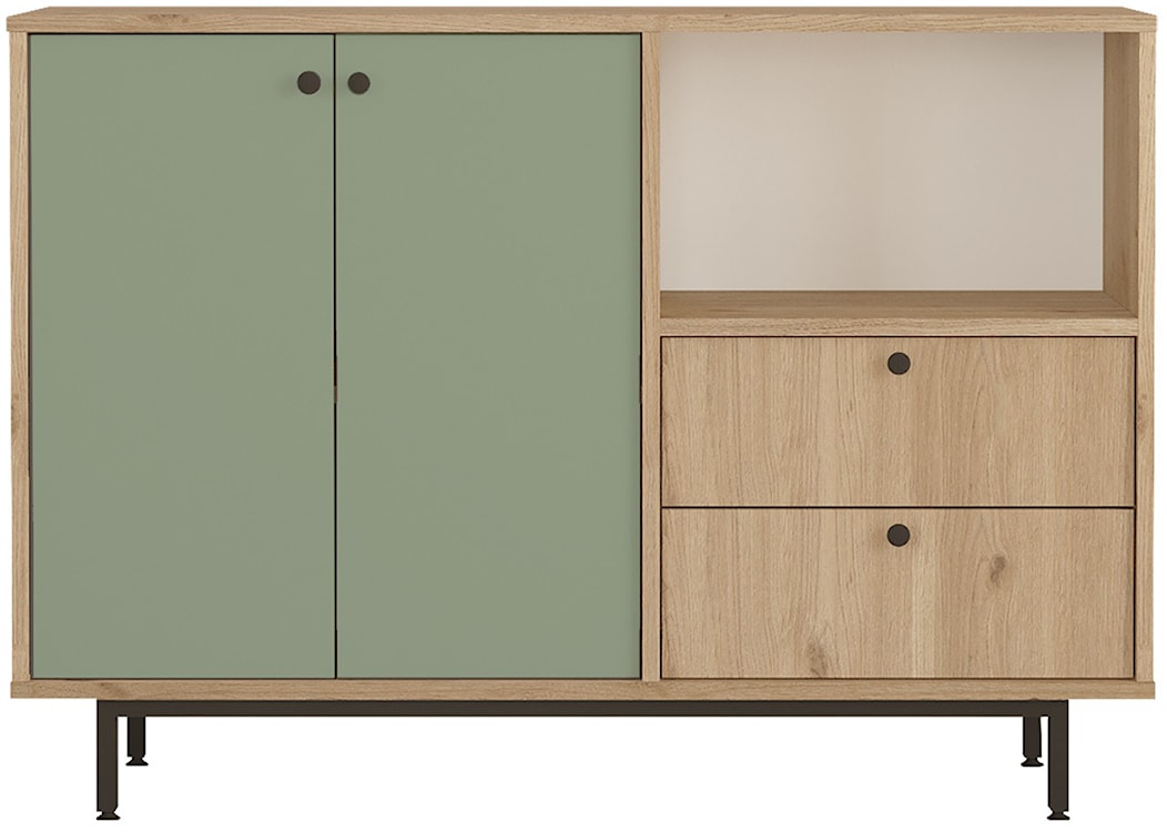 Komoda Solvages 120 cm z dwiema szufladami i półkami szałwiowa/ dąb naturalny