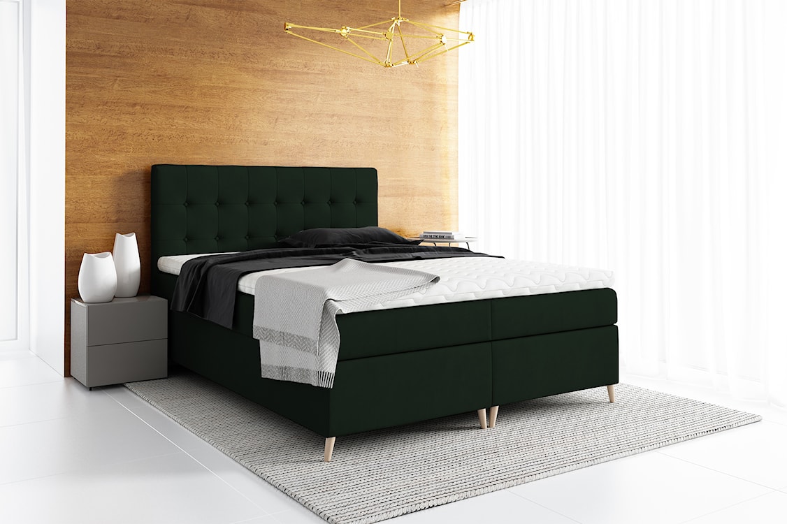 Łóżko kontynentalne Merrans 120x200 z dwoma pojemnikami, materacem i topperem ciemnozielone hydrofobowe  - zdjęcie 2