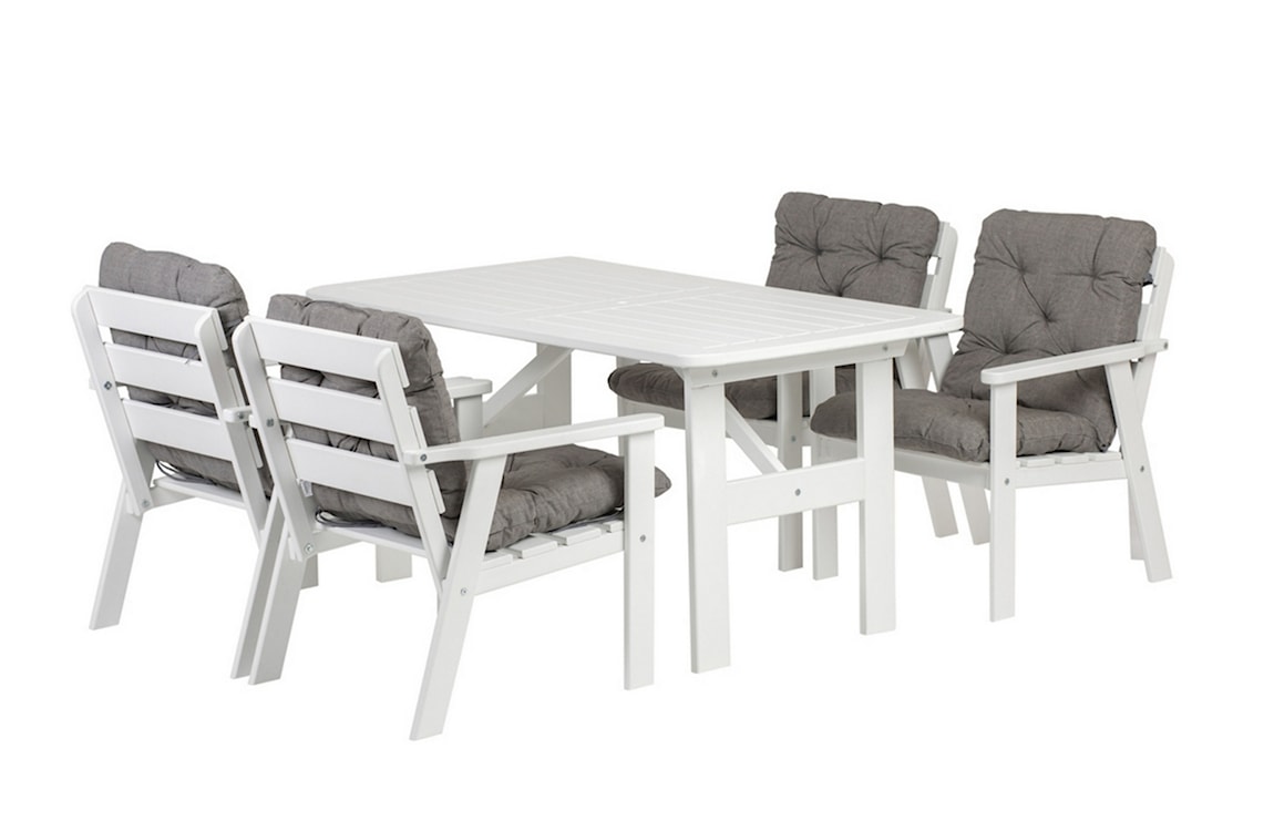 Zestaw mebli ogrodowych Avoints stół z 4 krzesłami biały i szarymi poduszkami 