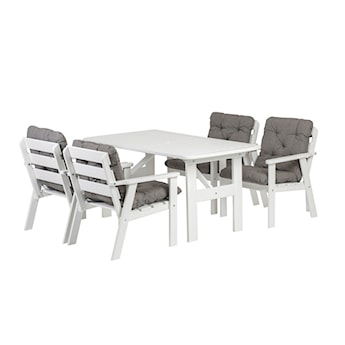 Zestaw mebli ogrodowych Avoints drewno sosnowe stół z 4 krzesłami biały z szarymi poduszkami