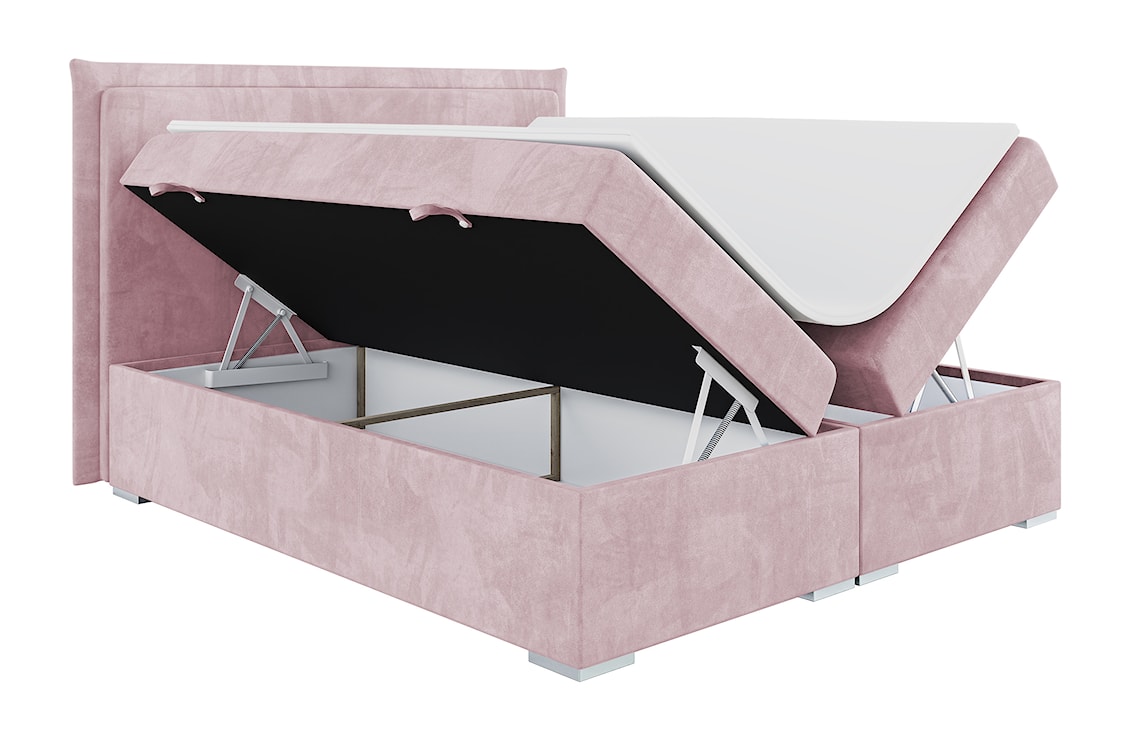 Łóżko kontynentalne 140x200 cm Nurdicer z pojemnikami i topperem różowe welur hydrofobowy  - zdjęcie 4