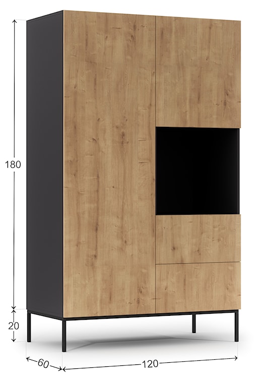 Szafa dwudrzwiowa Jammad 120 cm z dwiema szufladami czarna / dąb artisan  - zdjęcie 4