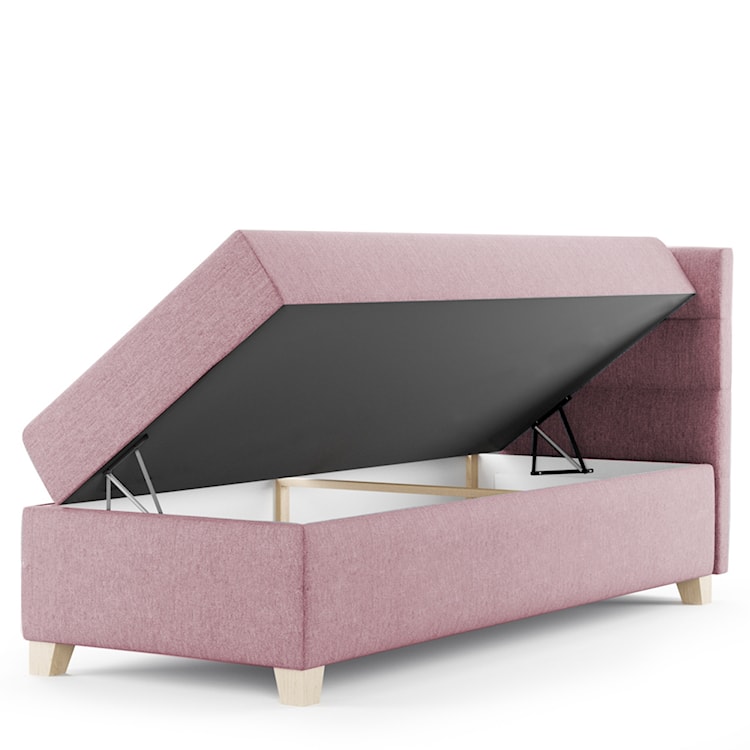Łóżko kontynentalne 100x200 cm Charolle z pojemnikiem i topperem jednoosobowe różowe welur prawostronne  - zdjęcie 4