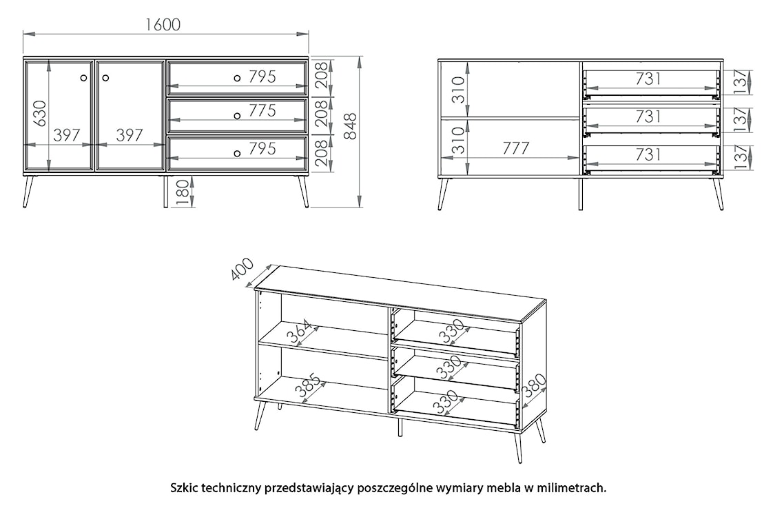 Komoda dwudrzwiowa Darrby 160 cm z trzema szufladami biała/biały połysk ze złotymi nogami  - zdjęcie 10