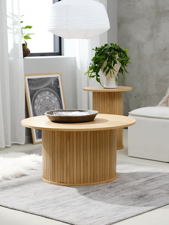 Okrągły stolik drewniany Gativel 90 cm z okrągłą podstawą lamele naturalny dąb  - zdjęcie 3