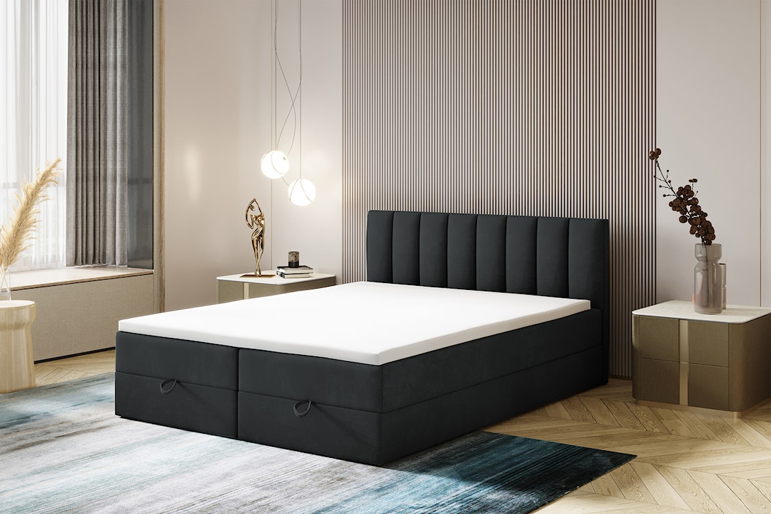 Łóżko kontynentalne 160x200 cm Dorsetto z pojemnikami i materacem bonellowym grafitowe welur hydrofobowy  - zdjęcie 3