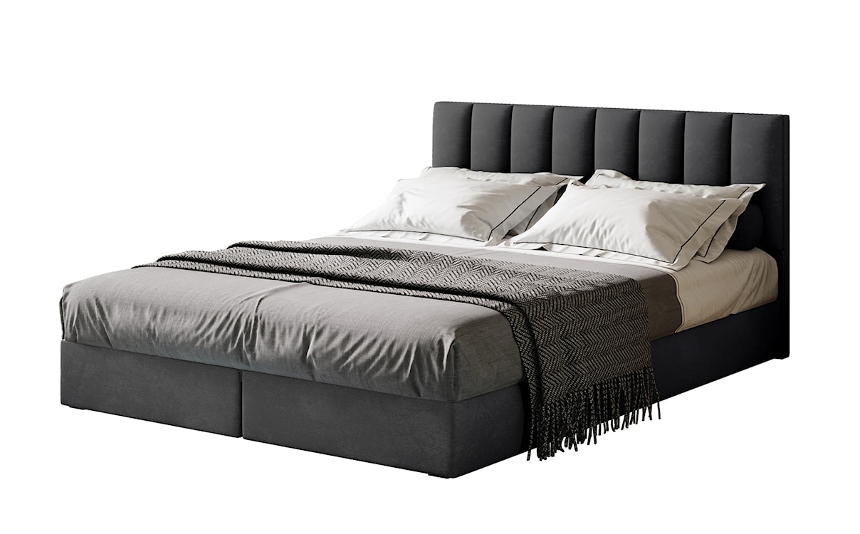 Łóżko kontynentalne 160x200 cm Dorsetto z pojemnikami i materacem bonellowym grafitowe welur hydrofobowy 