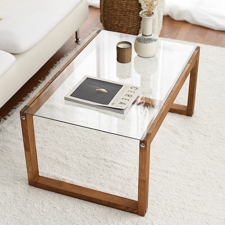 Stolik kawowy Vionn 55x85 cm szklany na drewnianych nogach  - zdjęcie 3