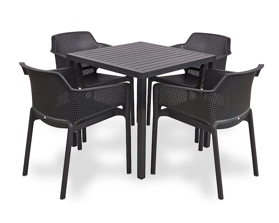 Zestaw ogrodowy stół kwadratowy Cube 80 cm i 4 krzesła z podłokietnikami Net Nardi z certyfikowanego tworzywa antracytowy