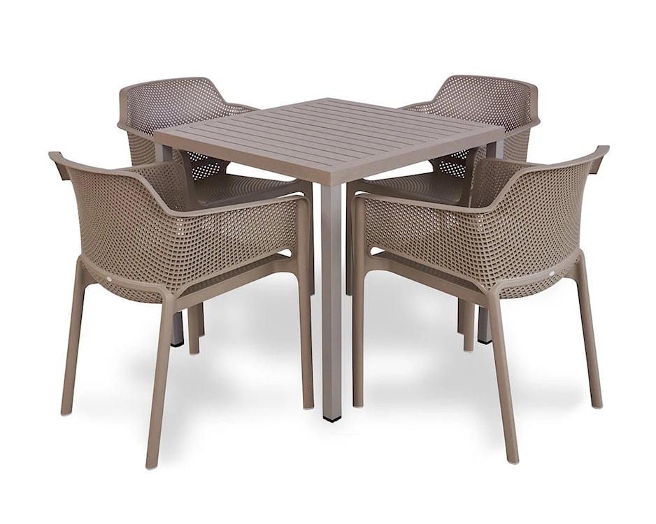 Zestaw ogrodowy stół kwadratowy Cube 80 cm i 4 krzesła z podłokietnikami Net Nardi z certyfikowanego tworzywa brązowy