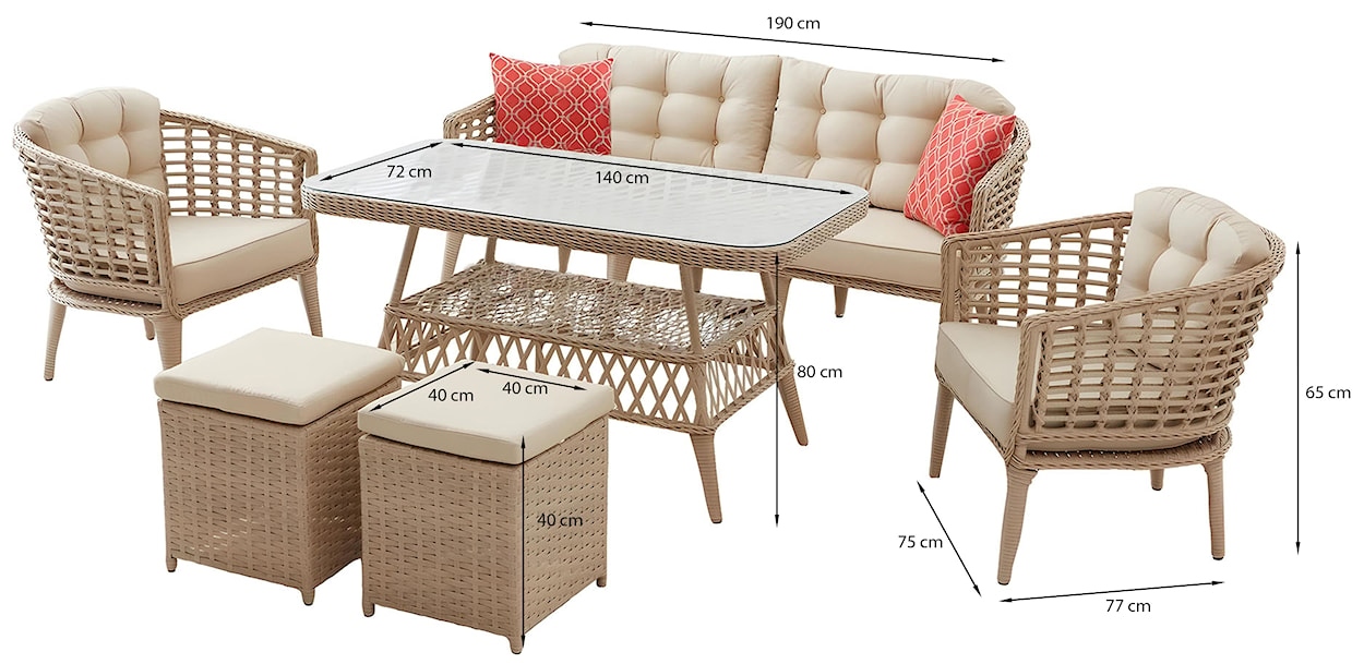 Zestaw ogrodowy Inationes z sofą, dwoma fotelami, pufami i stolikiem technorattan beżowy  - zdjęcie 10