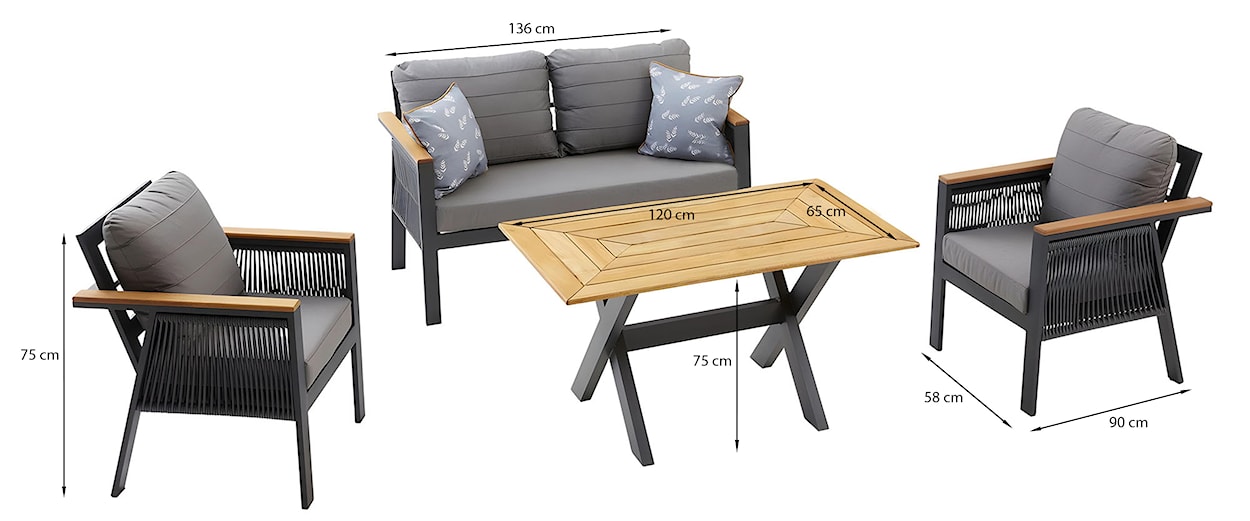 Zestaw ogrodowy Moation z sofą, dwoma fotelami i stolikiem aluminium/drewno tekowe szary  - zdjęcie 10