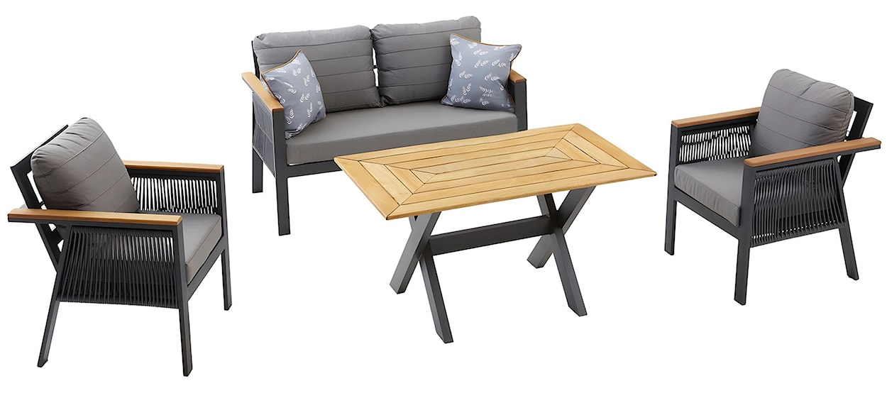 Zestaw ogrodowy Moation z sofą, dwoma fotelami i stolikiem aluminium/drewno tekowe szary