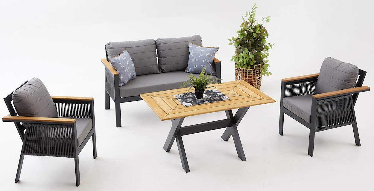 Zestaw ogrodowy Moation z sofą, dwoma fotelami i stolikiem aluminium/drewno tekowe szary  - zdjęcie 2