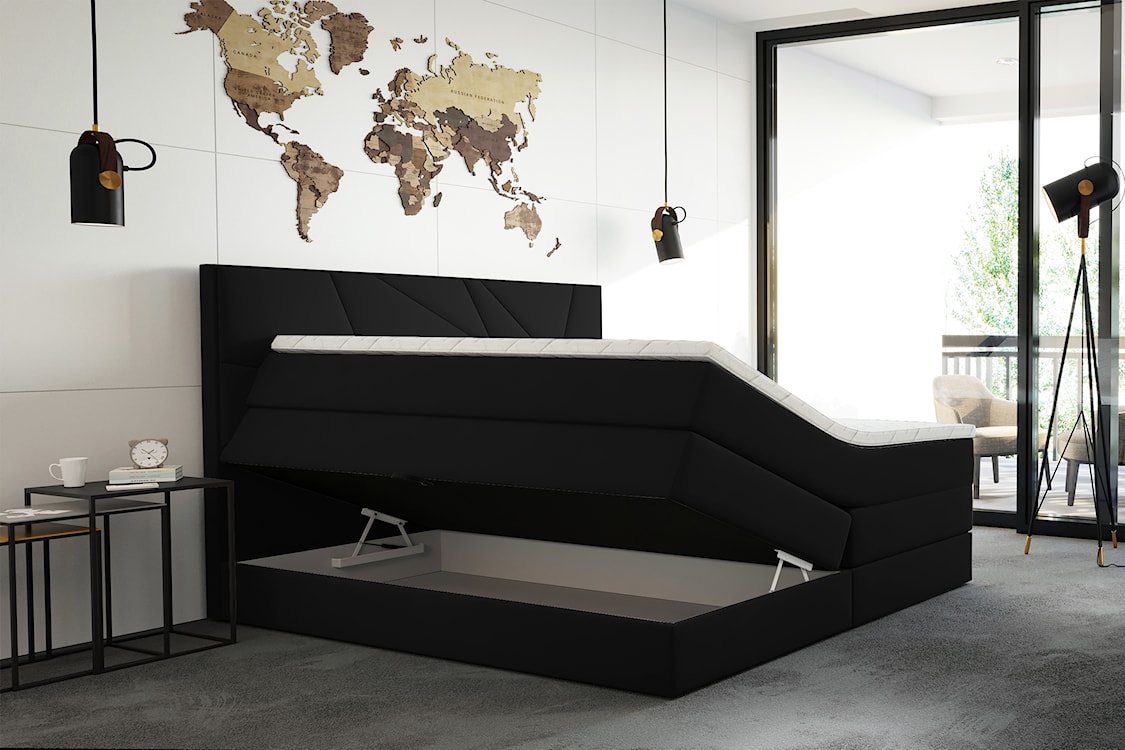 Łóżko kontynentalne 160x200 cm Vendes z pojemnikami materacami bonnellowymi i kieszeniowym czarne welur hydrofobowy  - zdjęcie 3