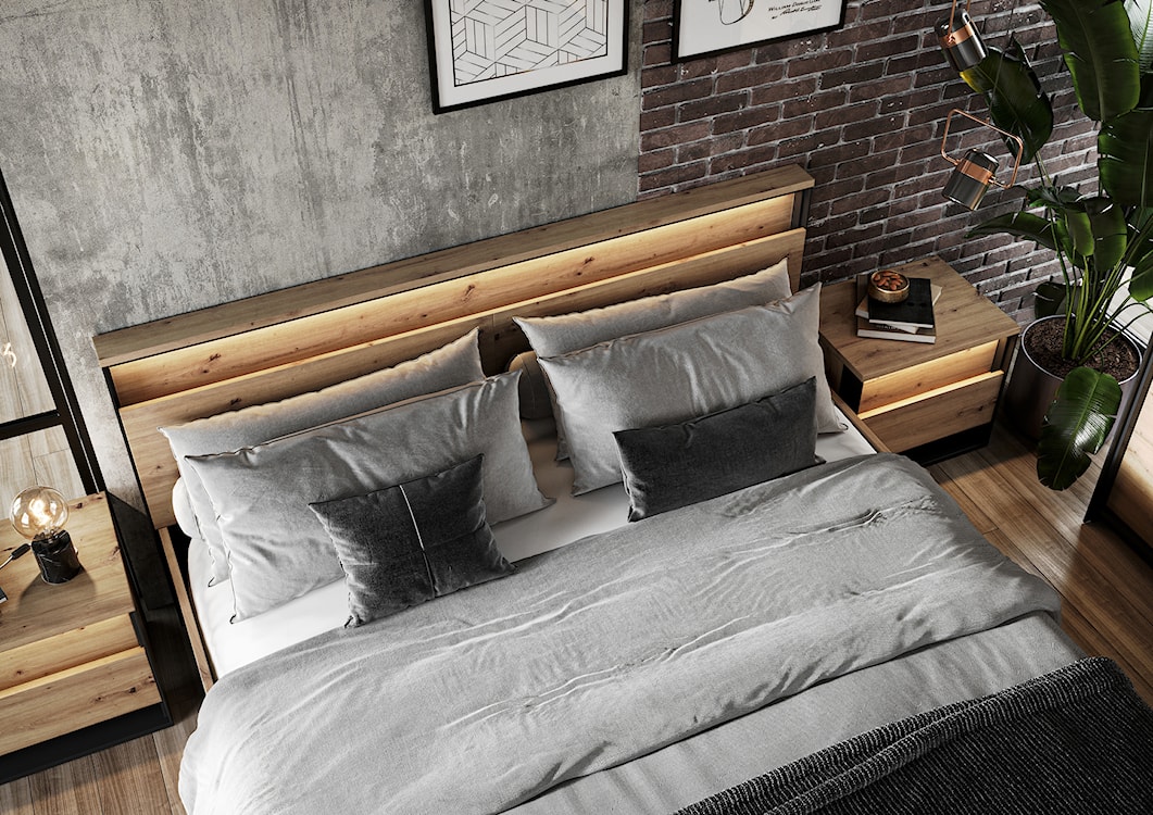 Łóżko Quant 180x200 cm z pojemnikiem na pościel i oświetleniem dąb artisan/czarny  - zdjęcie 3