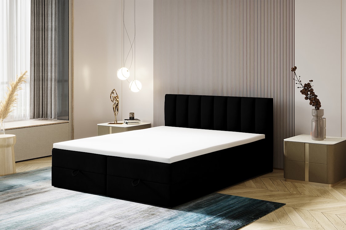 Łóżko kontynentalne 140x200 cm Dorsetto z pojemnikami i materacem bonellowym czarne welur hydrofobowy  - zdjęcie 3
