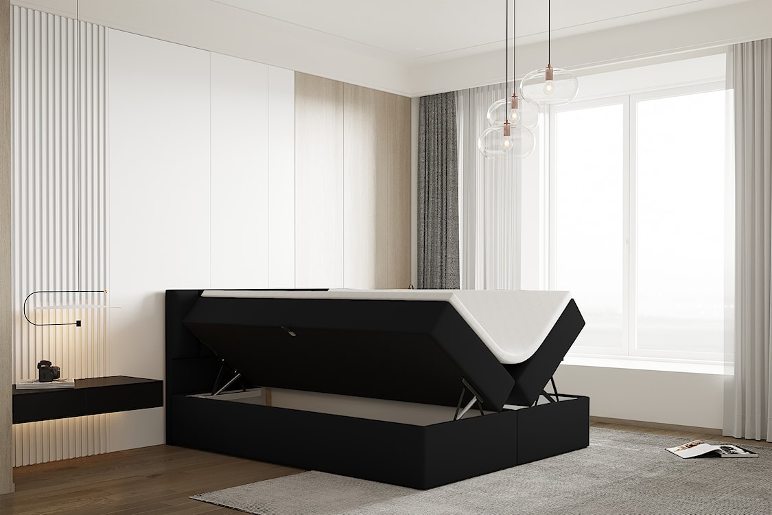 Łóżko kontynentalne 160x200 cm Carbini z pojemnikami  i materacem kieszeniowym czarne welur hydrofobowy  - zdjęcie 4
