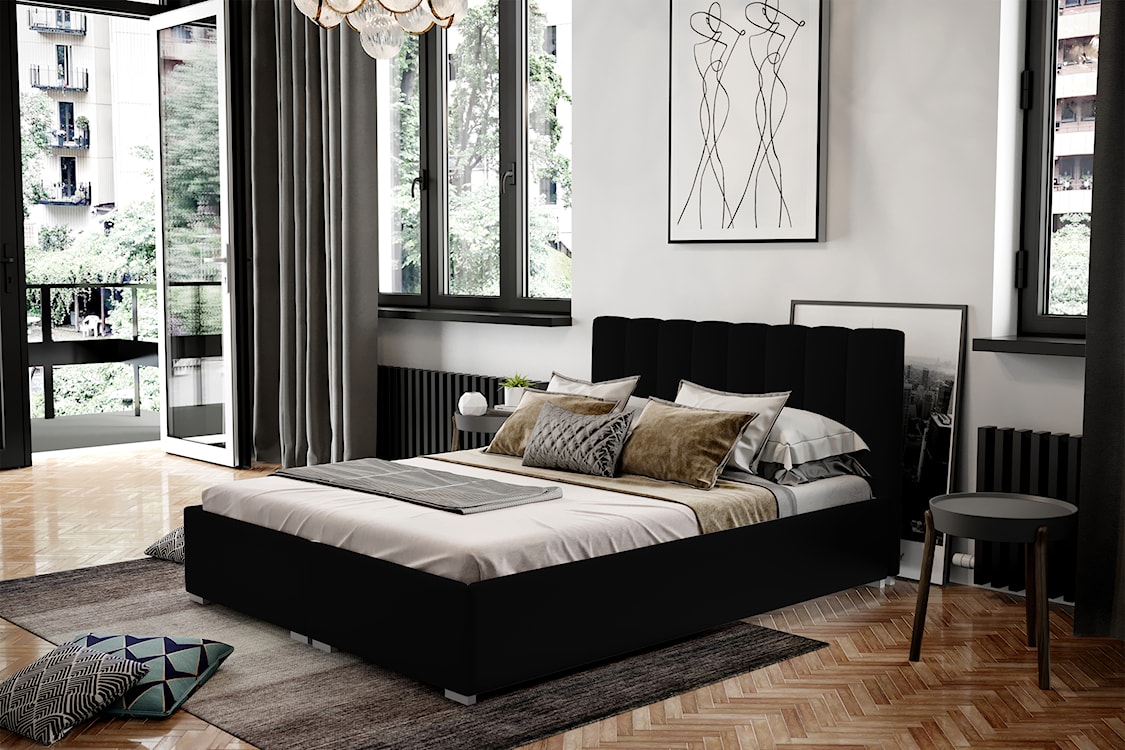 Łóżko tapicerowane 180x200 cm Romkino z pojemnikami czarne welur hydrofobowy  - zdjęcie 2