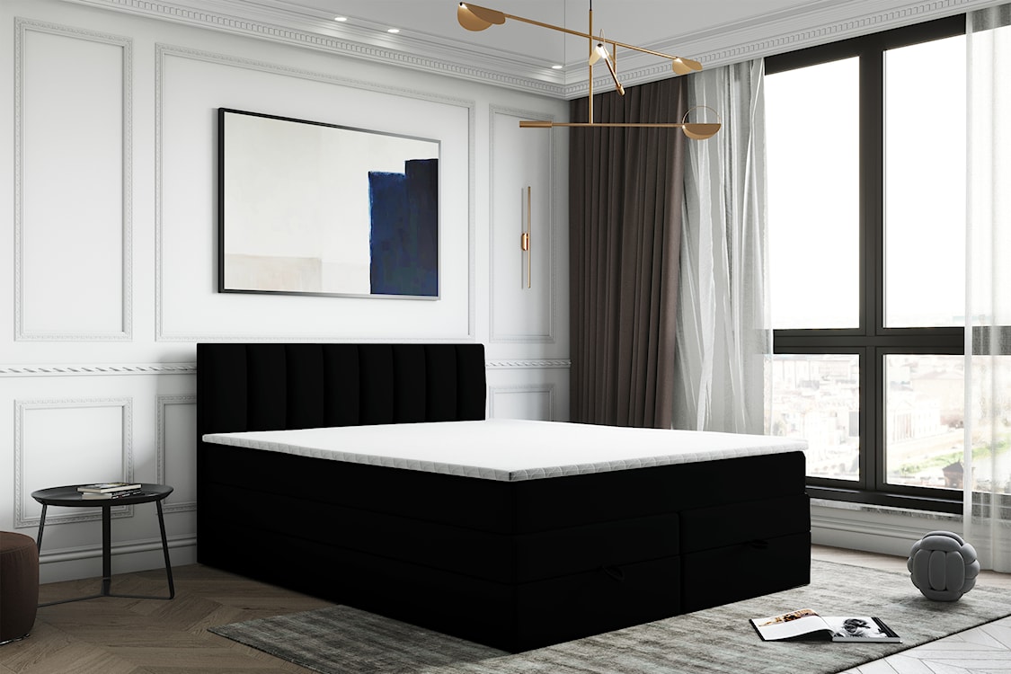 Łóżko kontynentalne 180x200 cm Resoluto z pojemnikami materacami bonellowymi i kieszeniowym czarne welur hydrofobowy  - zdjęcie 3