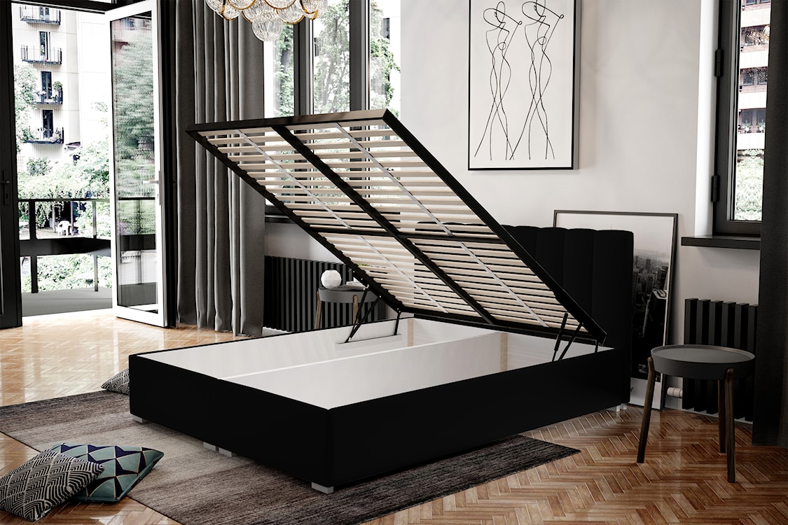 Łóżko tapicerowane 140x200 cm Romkino z pojemnikami czarne welur hydrofobowy  - zdjęcie 3