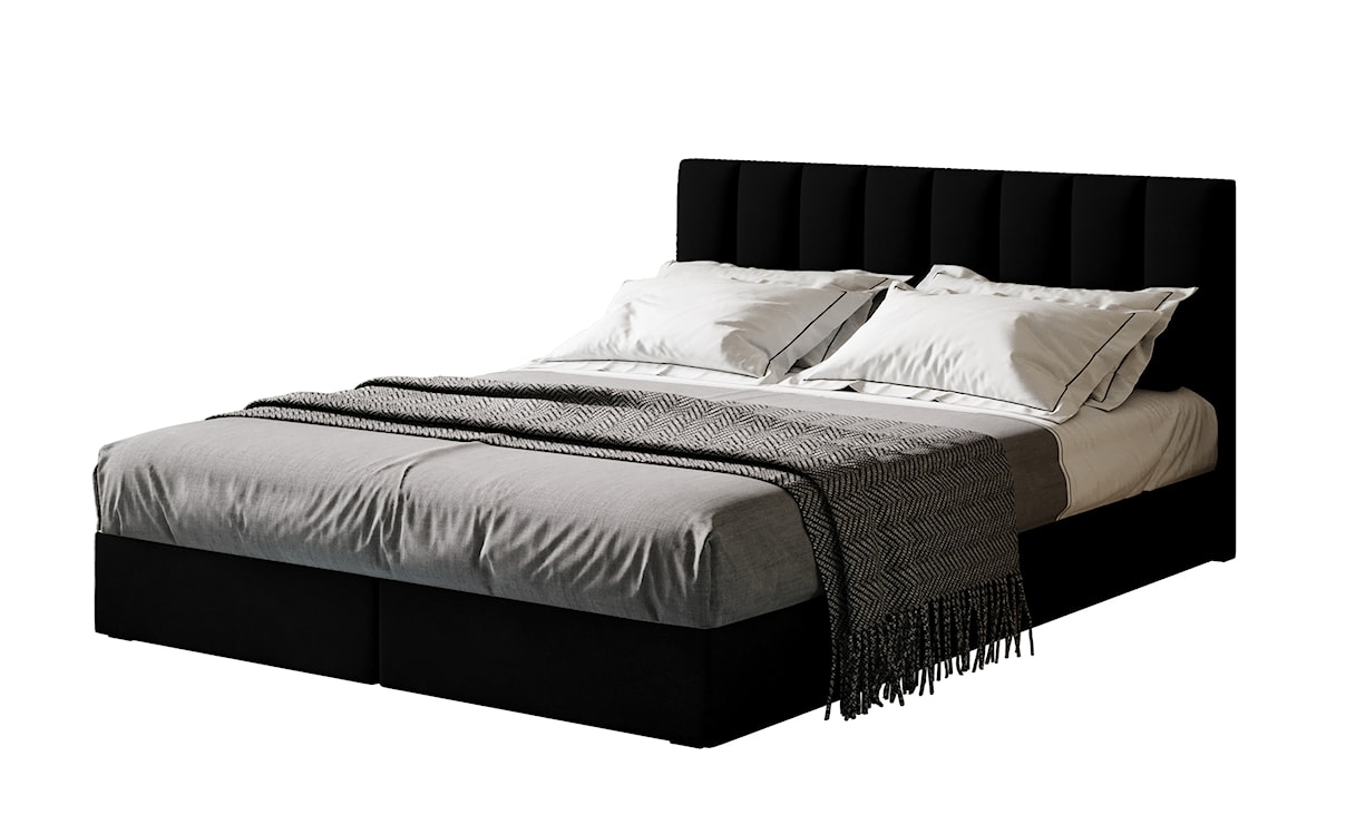 Łóżko kontynentalne 160x200 cm Dorsetto z pojemnikami i materacem bonellowym czarne welur hydrofobowy 