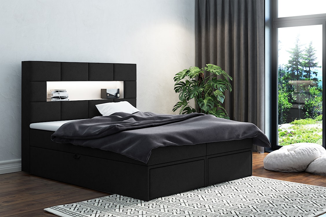Łóżko kontynentalne 160x200 cm Celaeno z pojemnikami, tapperem i materacem kieszeniowym czarne  - zdjęcie 2