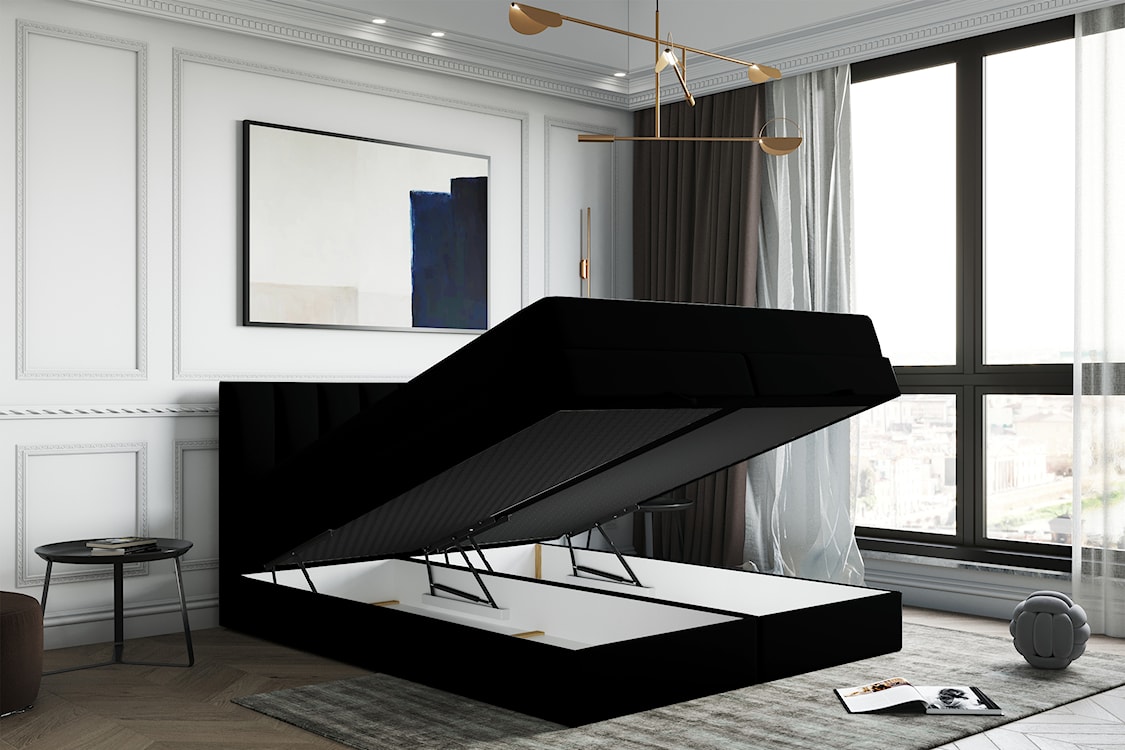 Łóżko kontynentalne 140x200 cm Resoluto z pojemnikami materacami bonellowymi i kieszeniowym czarne welur hydrofobowy  - zdjęcie 4
