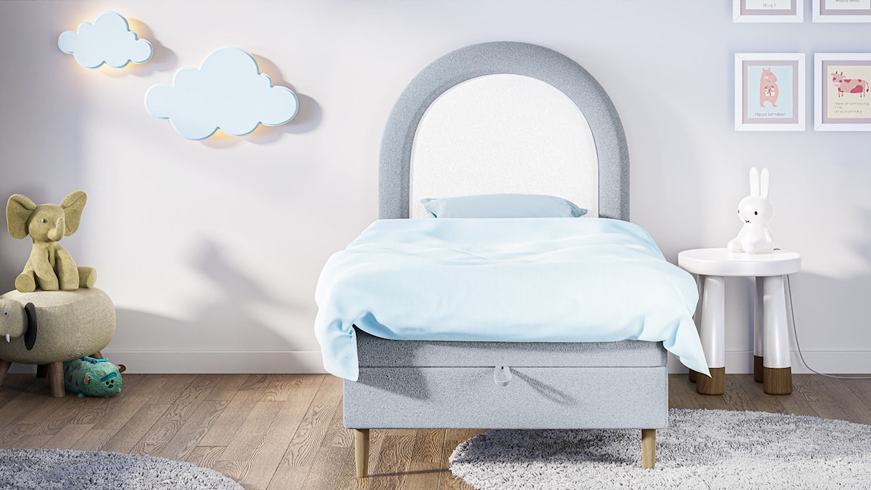 Łóżko kontynentalne dla dziecka 90x180 cm Asparetto z pojemnikiem błękitne w tkaninie boucle  - zdjęcie 4
