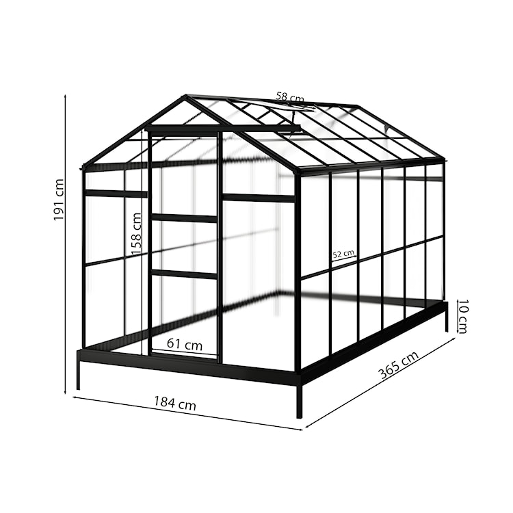 Szklarnia ogrodowa aluminiowa poliwęglanowa 6,72 m2 sześciosekcyjna z fundamentem 184x365 cm czarna  - zdjęcie 10